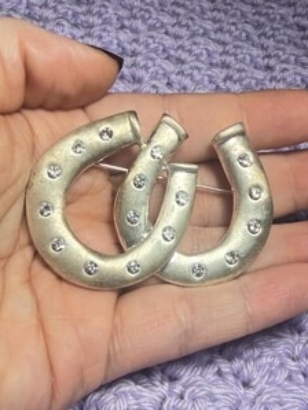 Double Horseshoe Vintage Brooch Clear Rhinestones Good Luck Pin